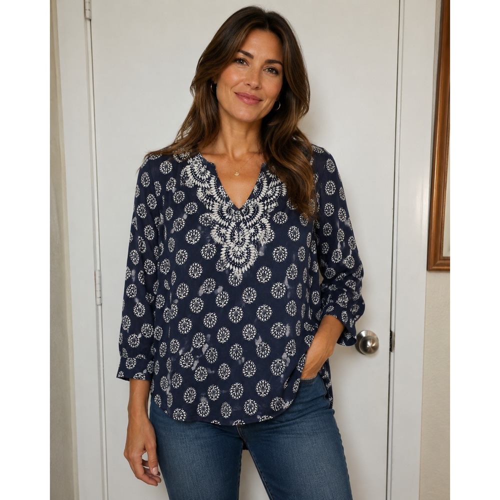 Talbots Tunic Blouse Women 3XP Blue Embroidered Cotton Boho Coastal Grandma Airy - Picture 1 of 9